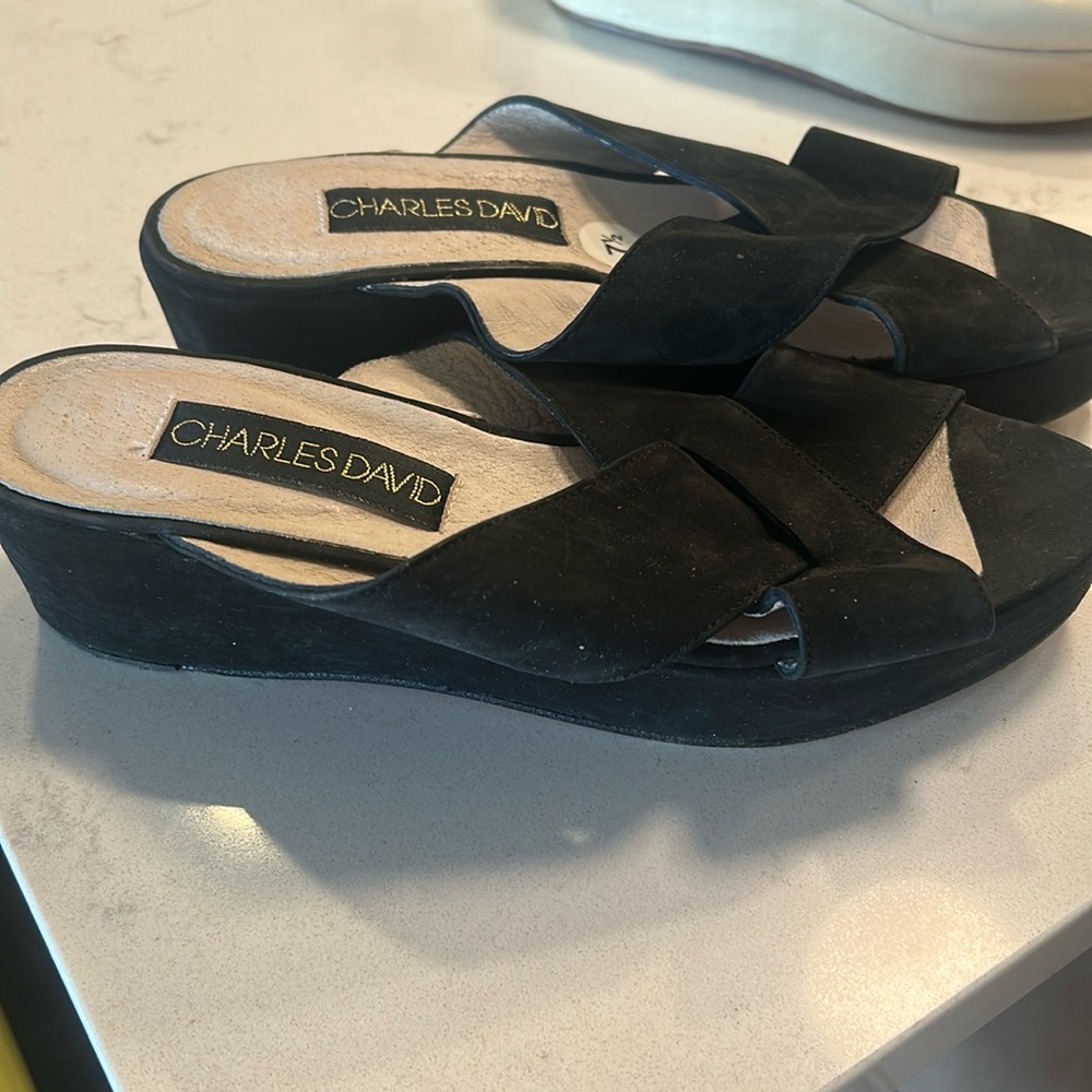 Charles David black suede slip on platform sandals .